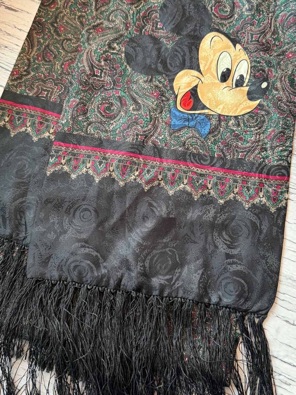 Black Paisley Fringe Scarf with Character Motif